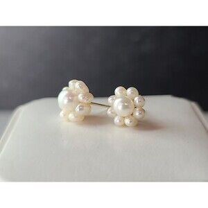10K Yellow Gold Pearl Cluster Flower Shaped Stud Post Earrings Vintage